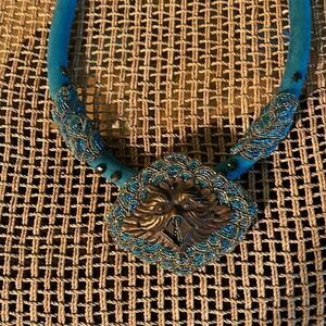 Necklace vintage - One of a kind teal suede and Bronze & teal beading
